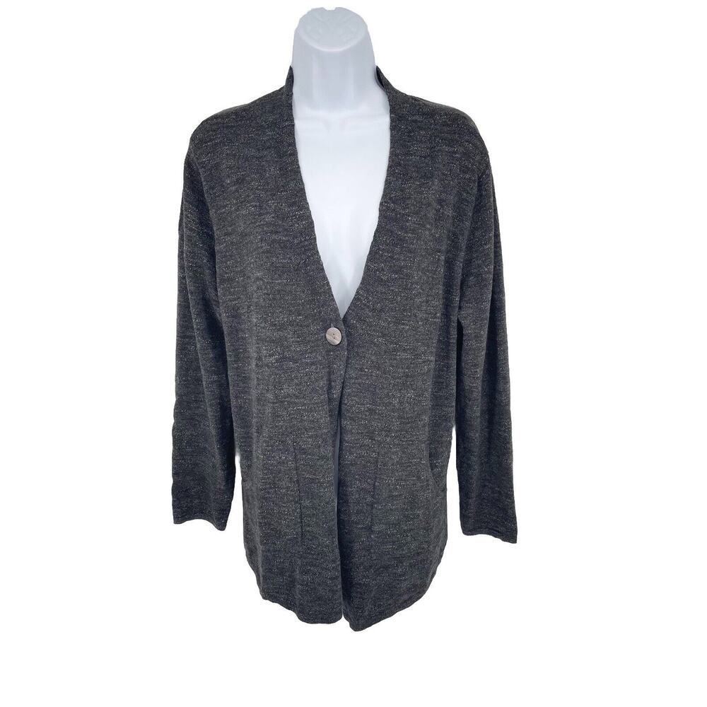 J. Jill PureJill Cardigan Sweater Size LP Charcoal Gray One-Button Long Sleeve